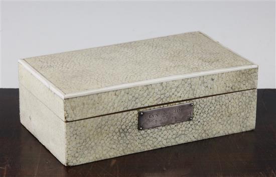 An Art Deco rectangular pale green shagreen and ivory mounted box, 7in.